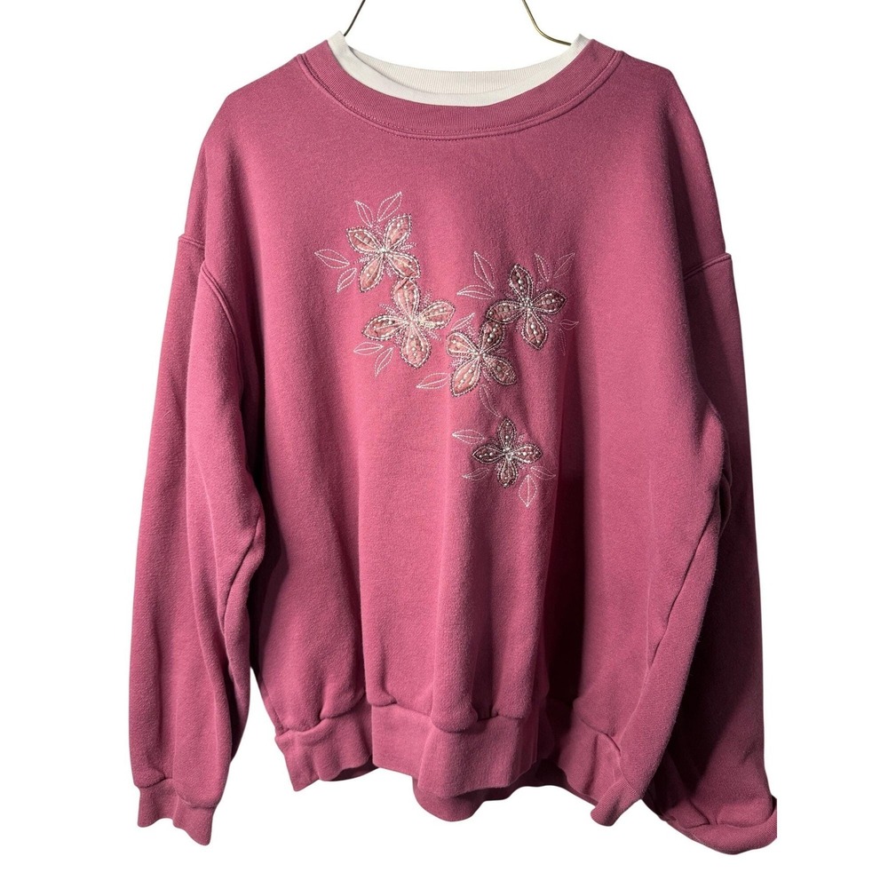 VTG Morning Sun Womens Large Sweatshirt‎ Double Collar Floral Embroidered Granny